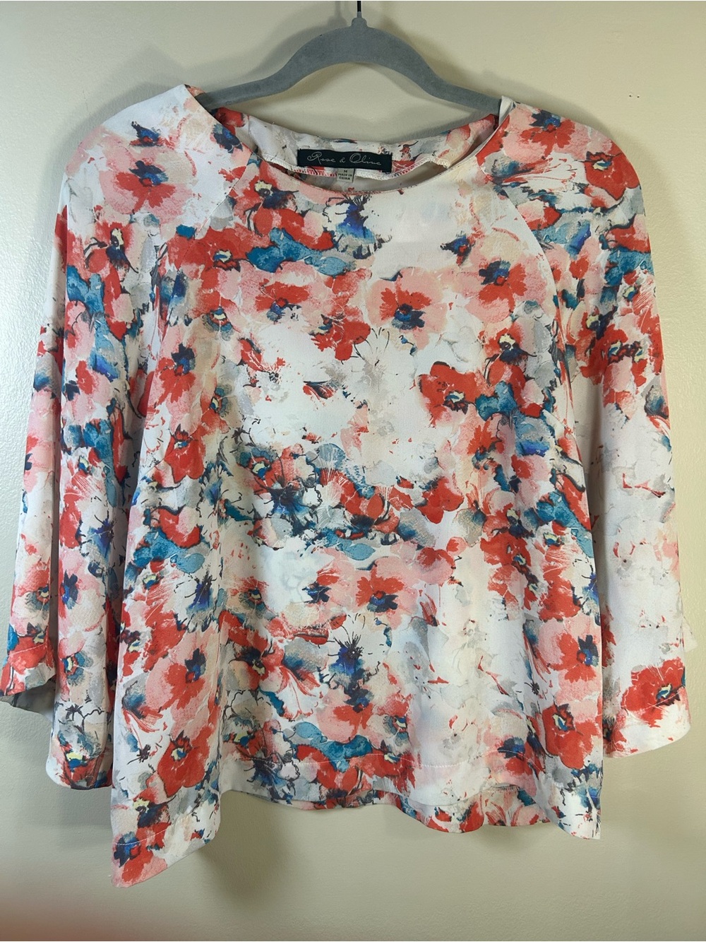 Rose & Olive Floral Print Blouse - 3/4 Bell Sleeve - Size M